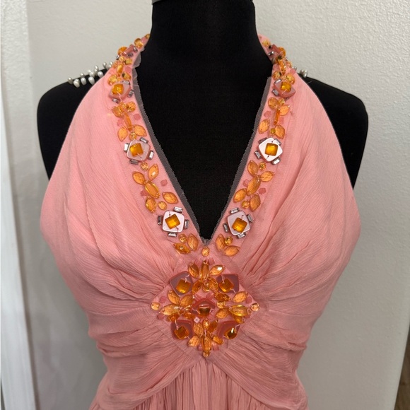 Y2K BCBGMAXAZRIA PINK ICE SILK BEADED PLEATED HALTER FORMAL GOWN SIZE 6 PROM - Picture 2 of 7